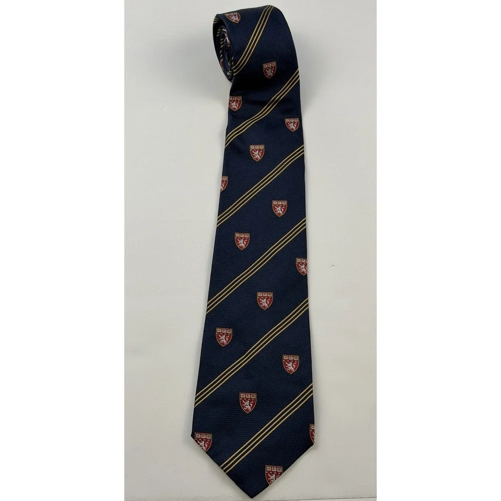 M. La Hart VTG Navy Blue Silk Harvard Striped Necktie Crest Pattern Made In USA